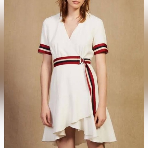 Sandro Nautical Twill Wrap Dress Size M Ecru White Asymmetrical Red Stripes Belt - Picture 1 of 11